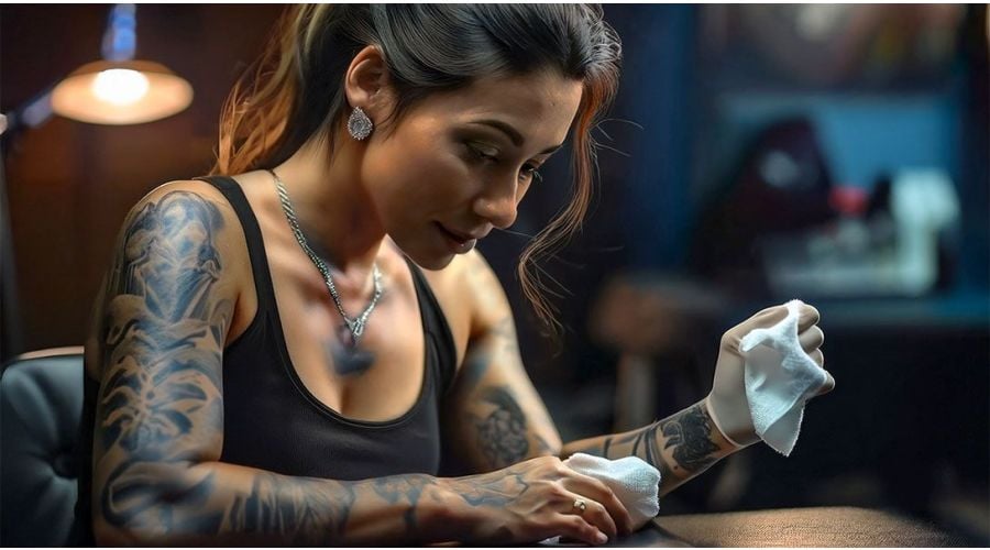 Chica tatuando a alguien.