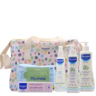 Mustela Bolsa de Paseo Lunares. Imagen de la bolsa con los productos por fuera.