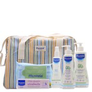 Mustela Bolsa de Paseo Rayas. Imagen con la bolsa y los productos fuera.