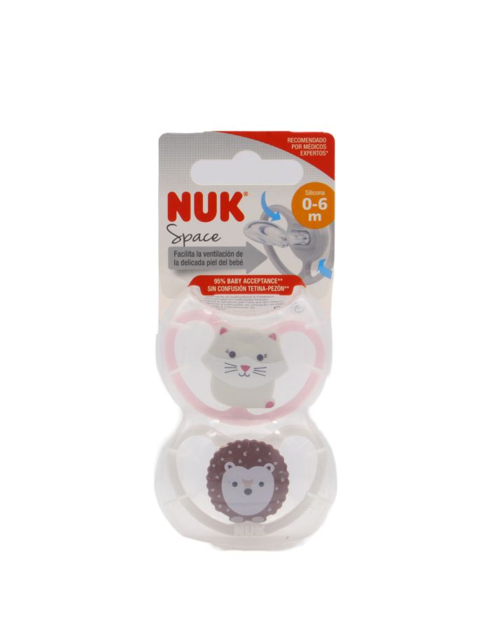 Nuk Space Chupete Silicona 0-6M 2 Chupetes con Portachupetes