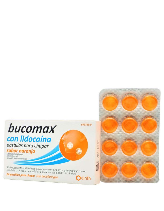 Bucomax con Lidocaína 24 Pastillas Para Chupar Sabor Naranja 