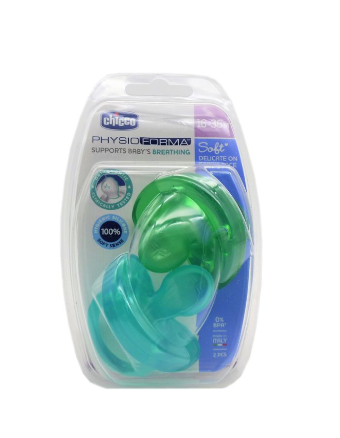 Chicco Chupete Silicona Physio Soft 16-36M Azul y Verde 2 Chupetes