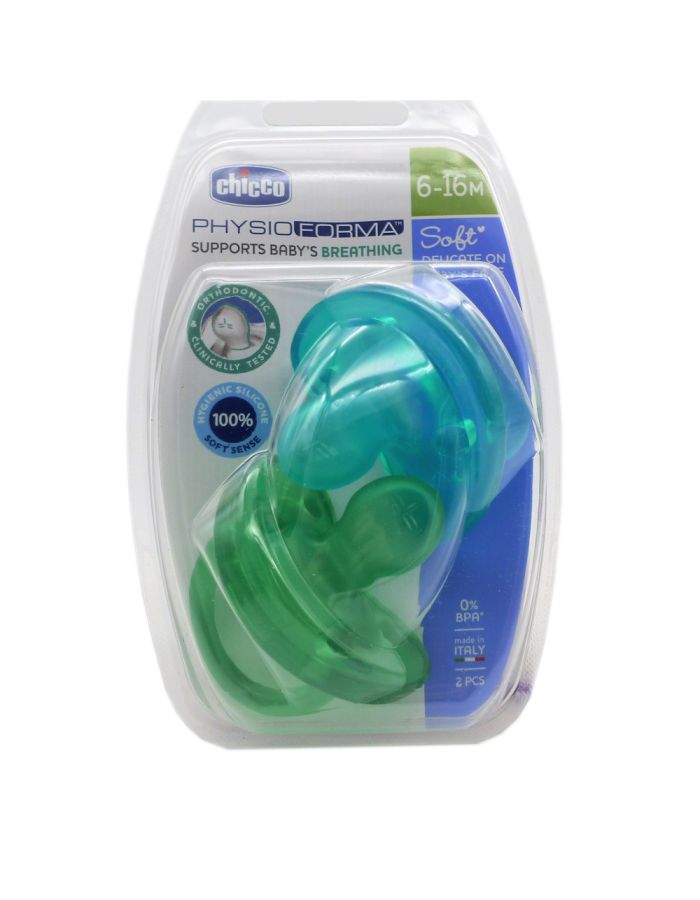 Chicco Chupete Silicona Physio Soft 6-16M Azul y Verde 2 Chupetes