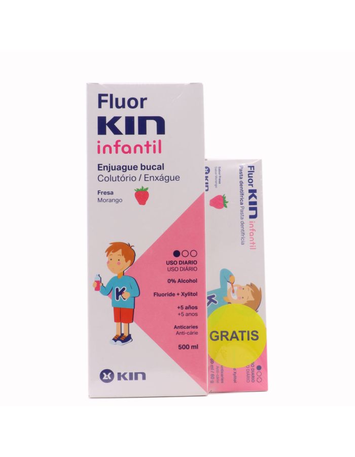 Fluor Kin Infantil Enjuague Bucal Fresa Morango 500ml + Pasta Dentífrica Gratis