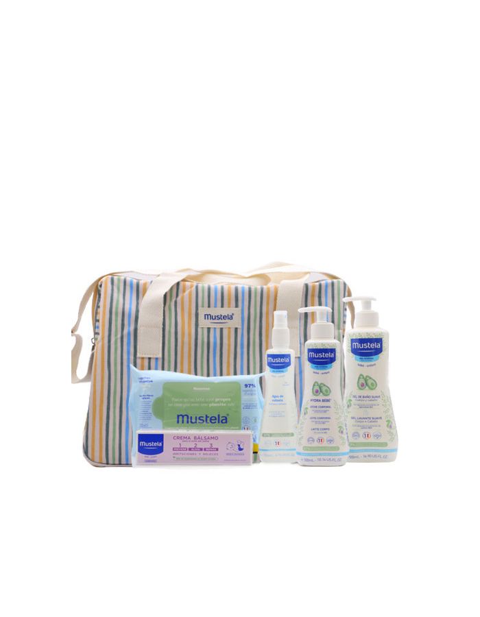 Mustela Bolsa de Paseo Rayas. Imagen con la bolsa y los productos fuera.