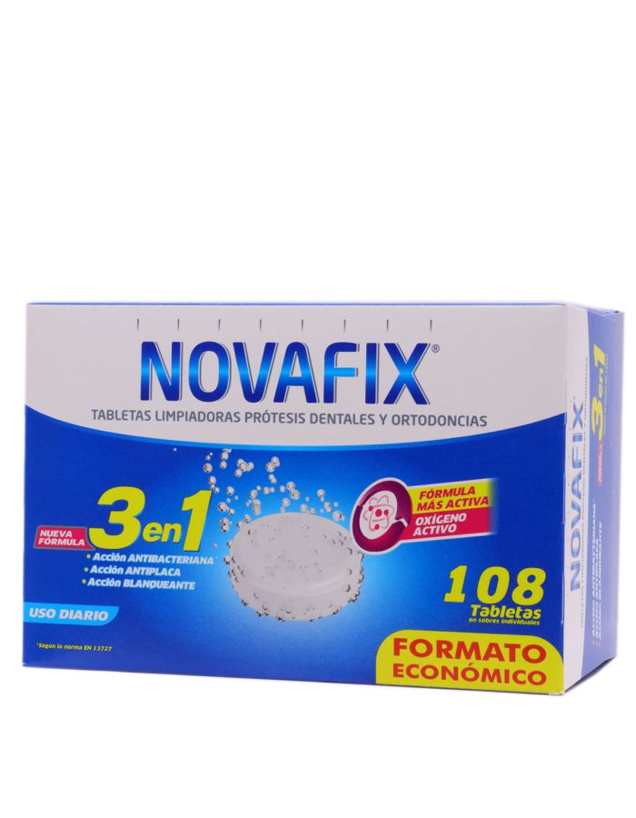 Novafix Tabletas Limpiadoras Prótesis y Ortodoncia  3 en 1 108Uds
