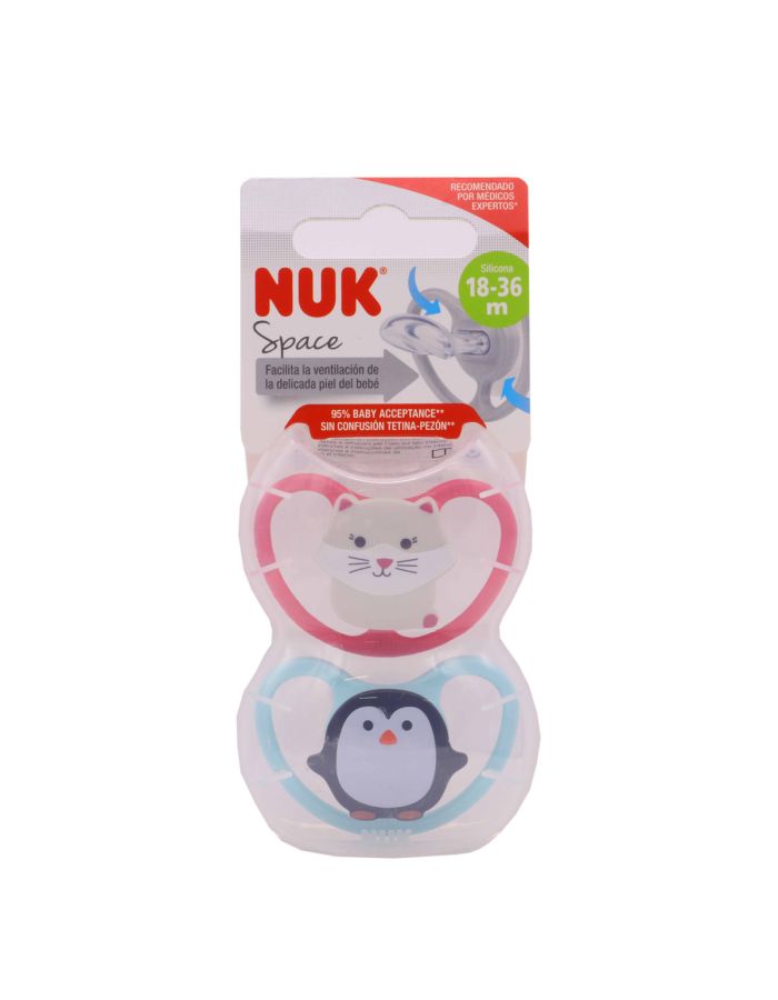 Nuk Space Chupete Silicona 18-36m 2 Chupetes con Portachupetes