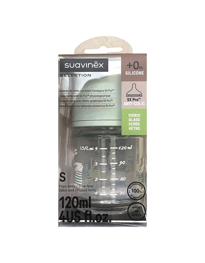 Suavinex Biberón Vidrio Tetina Silicona SX Pro Flujo S +0m 120ml