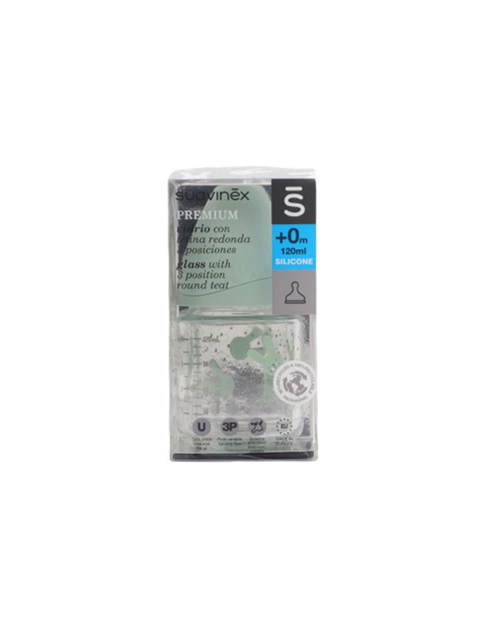 Suavinex Biberón Vidrio Tetina Silicona Redonda 3 Posiciones +0m 120ml. Imagen con el envase.