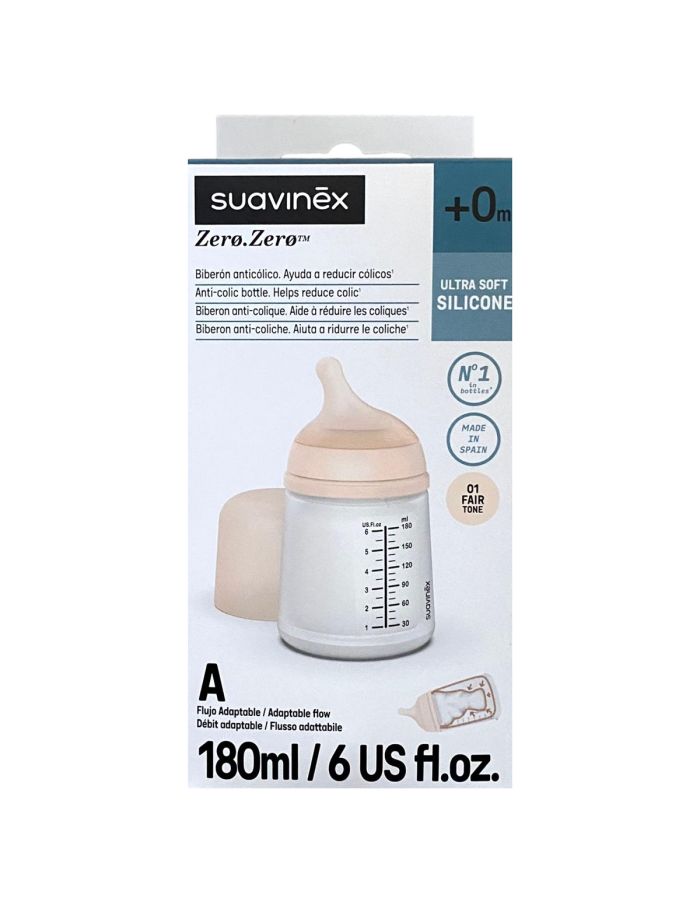 Suavinex Zero Zero Biberón AntiCólico Tetina Silicona Flujo A +0m 180ml