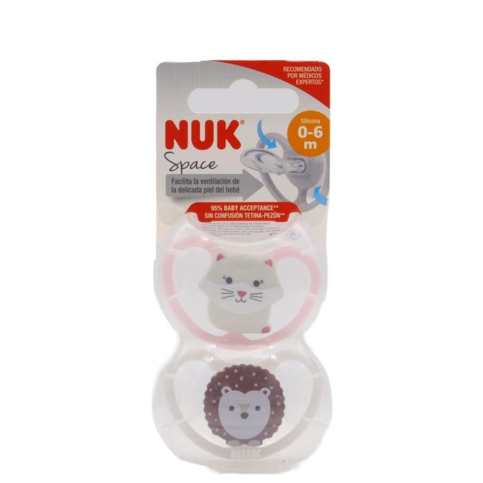 Nuk Space Chupete Silicona 0-6M 2 Chupetes con Portachupetes