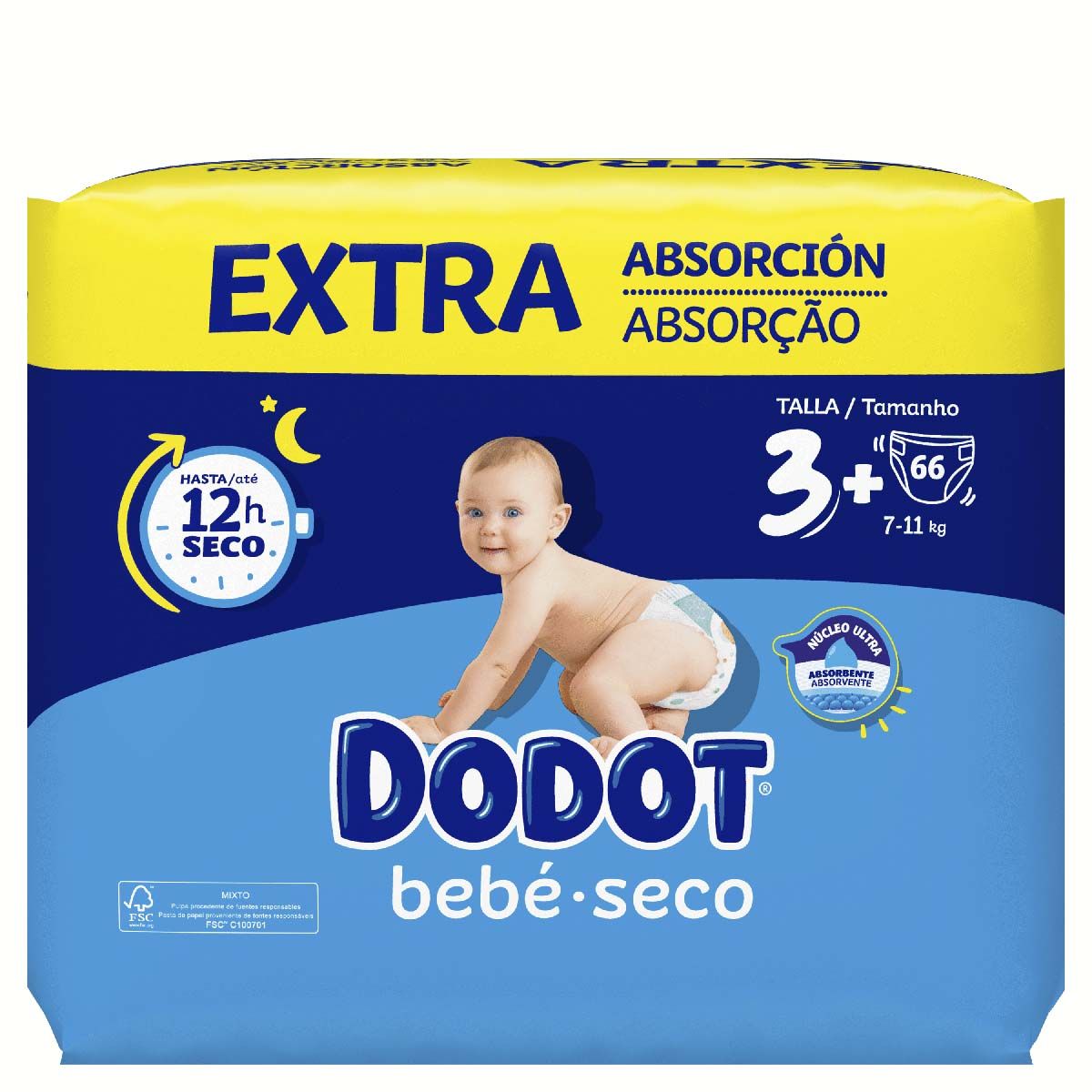 Dodot Bebé Seco Talla 3+ 7-11Kg 66 Pañales Extra Absorción Jumbo Pack
