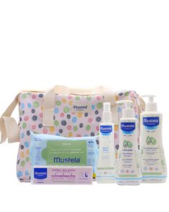 Mustela Bolsa de Paseo Lunares. Imagen de la bolsa con los productos por fuera.