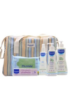 Mustela Bolsa de Paseo Rayas. Imagen con la bolsa y los productos fuera.