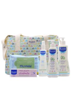 Mustela Bolsa de Paseo Arcoiris. Imagen de la bolsa con los productos por fuera.