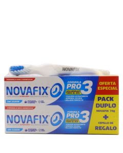 Novafix Pro 3 Crema Prótesis Dental Ultrafuerte Sin Sabor 70g x 2 Pack Duplo + Cepillo de Regalo