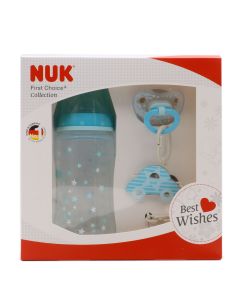 Nuk First Choice Biberón Tetina Silicona 300ml + Chupete con Cadena Set Boy 0-6m